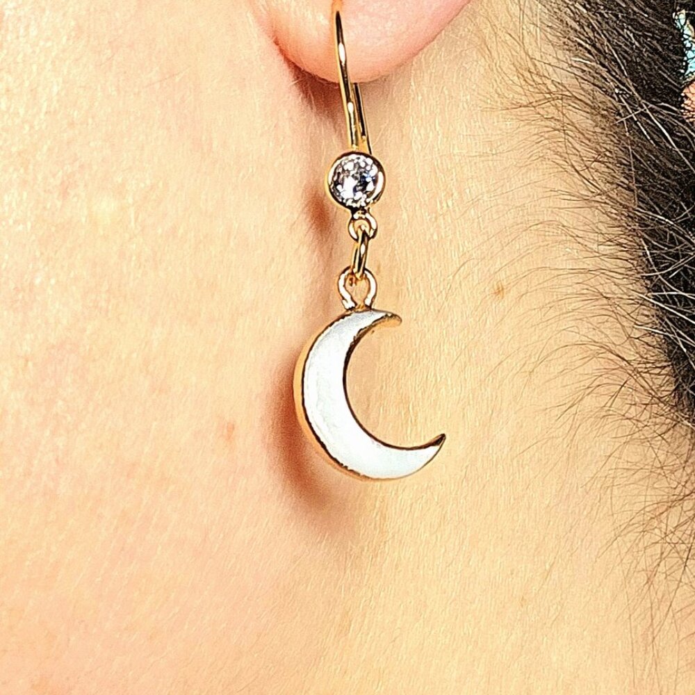Crescent Moon Earrings Shell Inlay CZ Gold-Filled Hook Dangle Wire Boho Unique